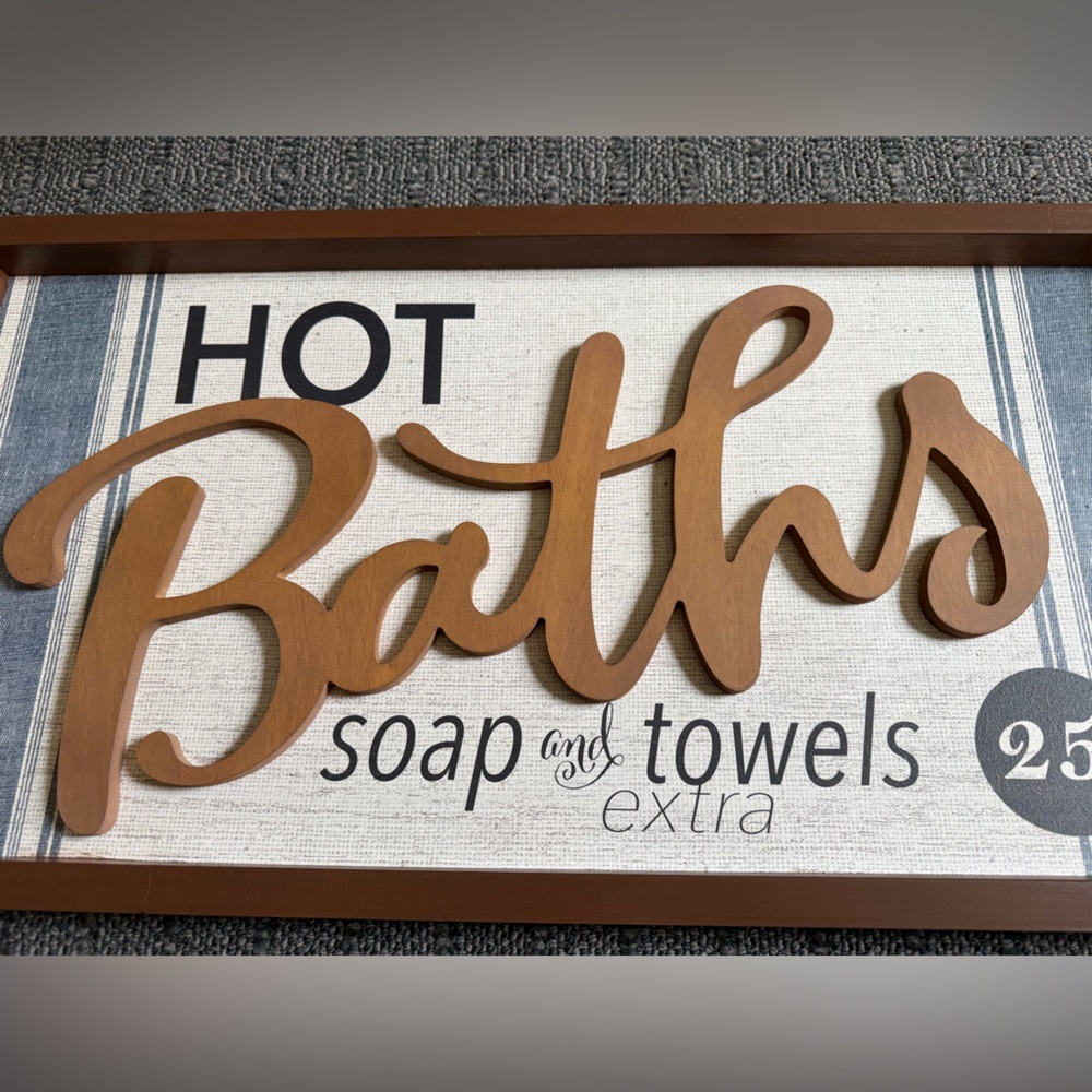 Euc Wooden 'Hot Baths' Wall Sign. From Kirkland’s. Super cute decor.